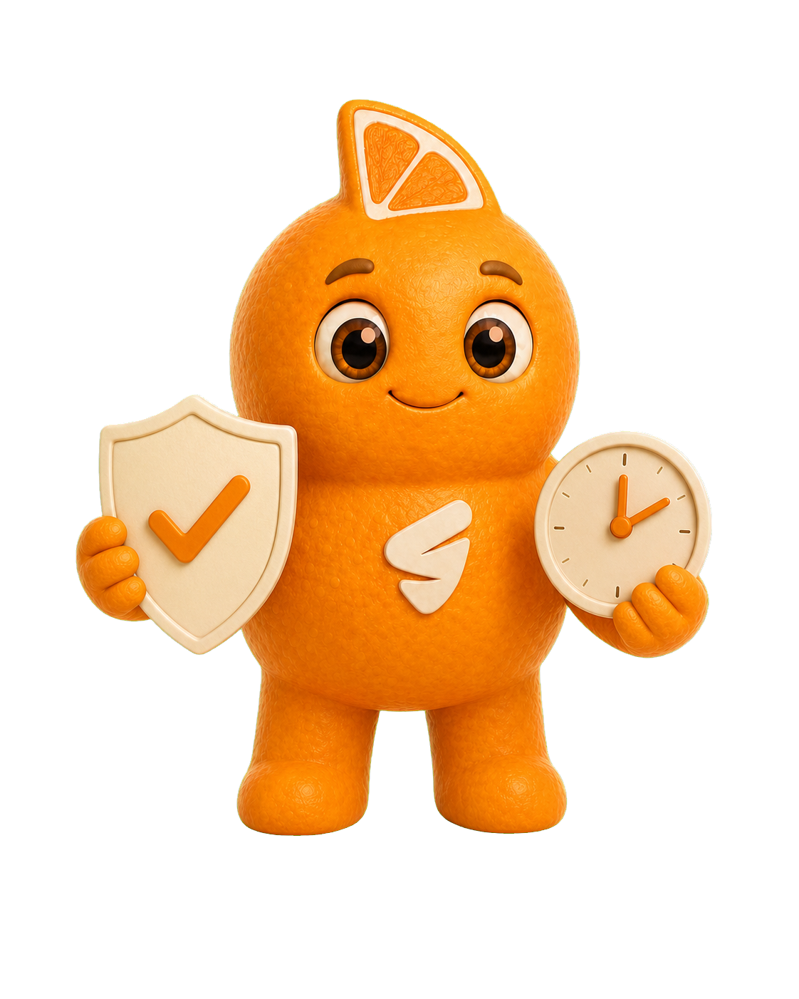 SLICE's orange mascot holding a shield and a clock.