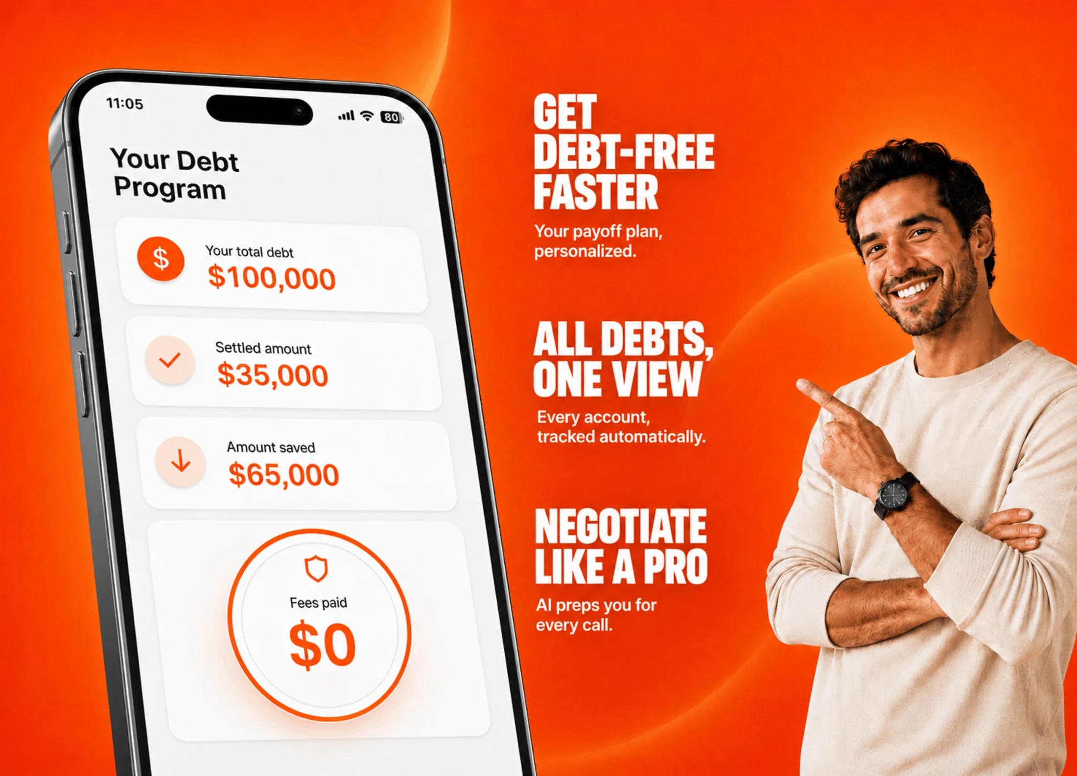 The SLICE app showing a customized debt settlement program, savings progress, and a never-pay-fees promise on an orange background.