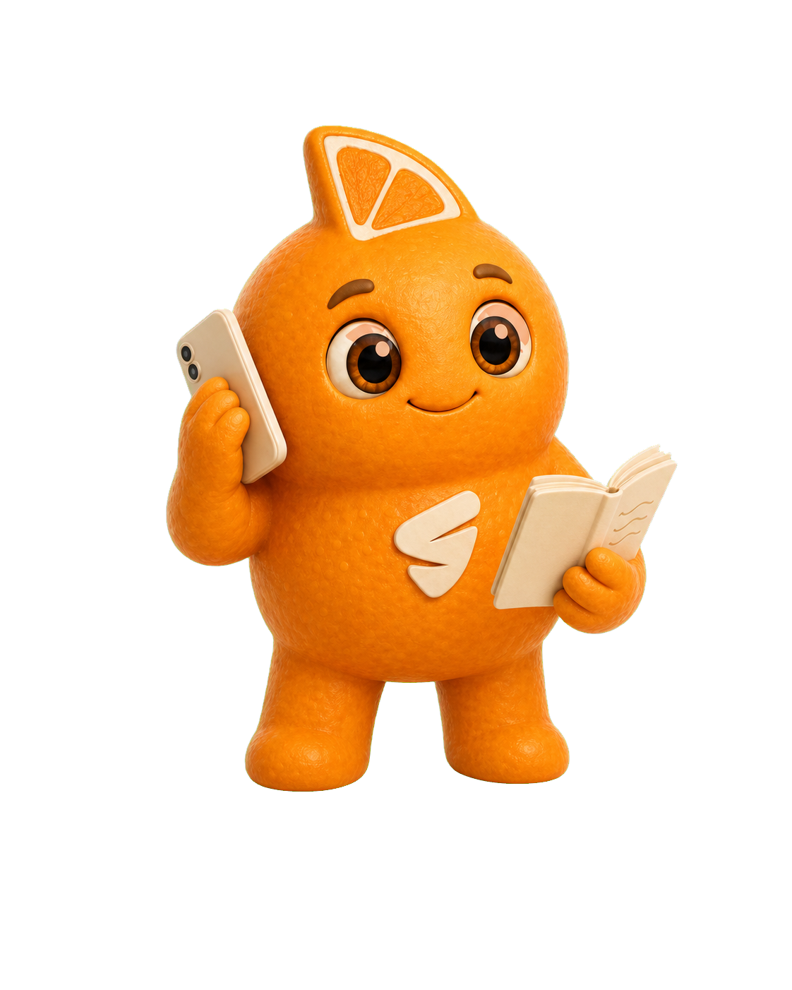 SLICE's orange mascot holding a phone and an open notebook.